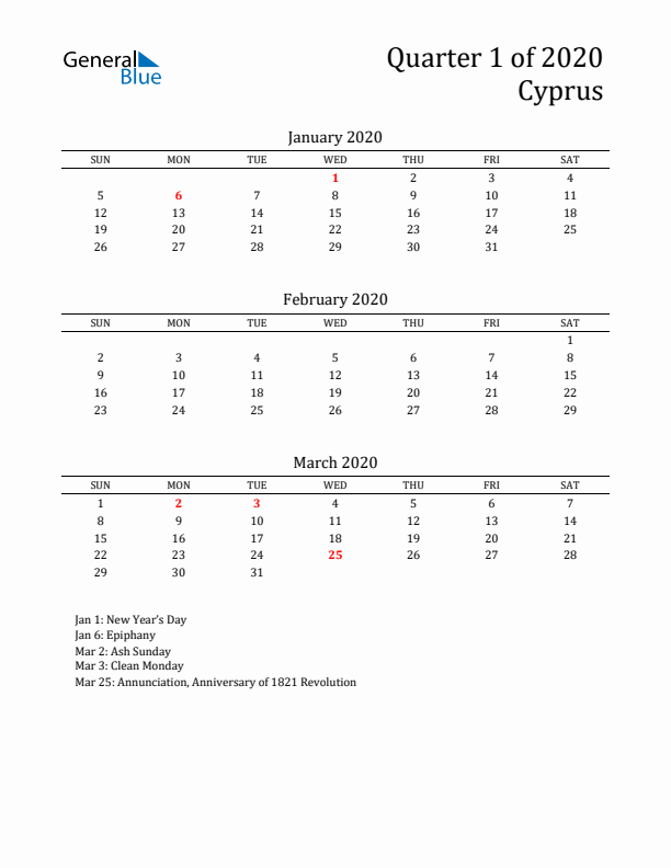 Quarter 1 2020 Cyprus Quarterly Calendar