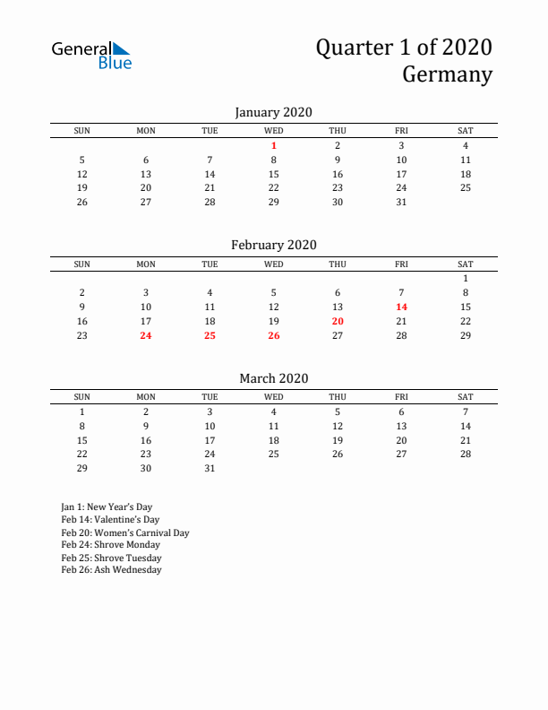 Quarter 1 2020 Germany Quarterly Calendar