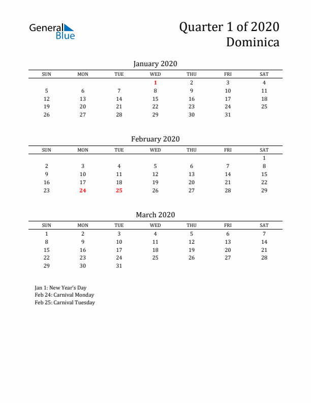 Quarter 1 2020 Dominica Quarterly Calendar