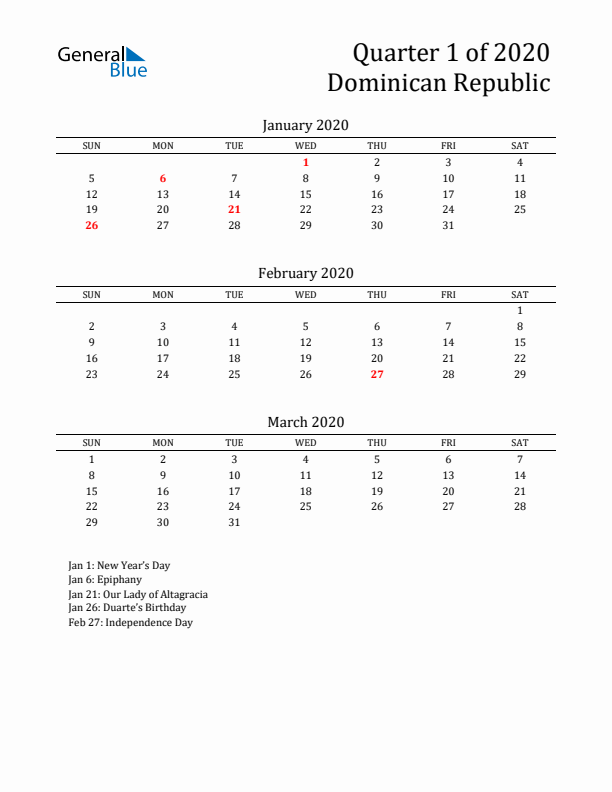 Quarter 1 2020 Dominican Republic Quarterly Calendar