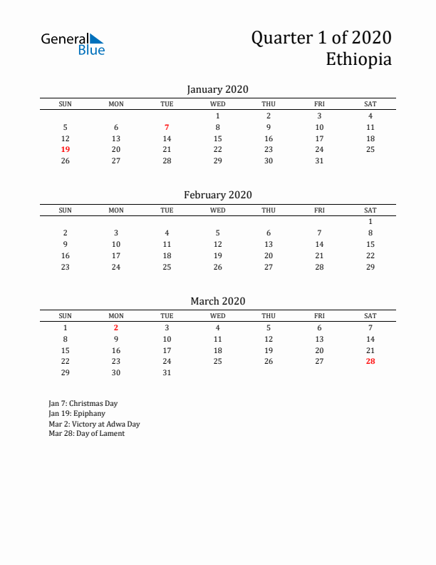 Quarter 1 2020 Ethiopia Quarterly Calendar