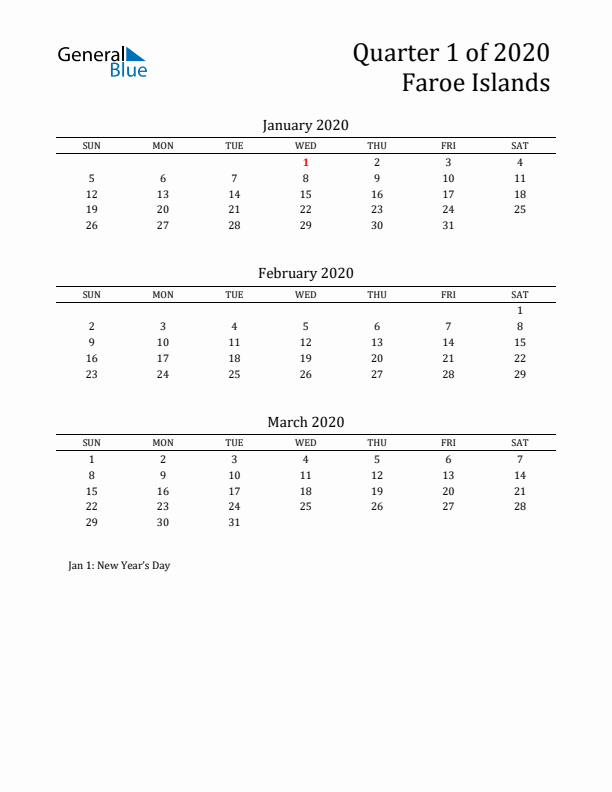 Quarter 1 2020 Faroe Islands Quarterly Calendar