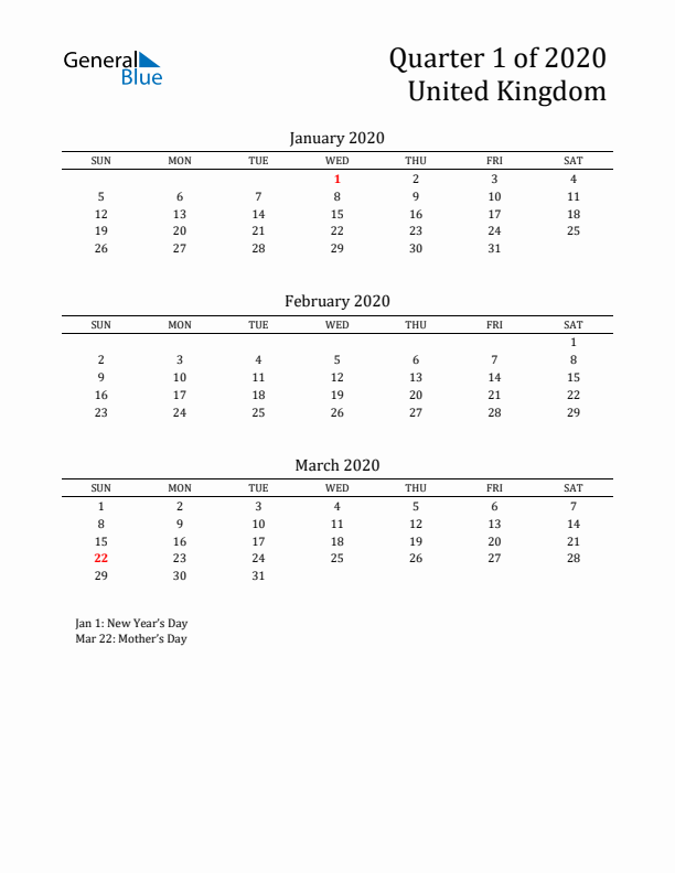 Quarter 1 2020 United Kingdom Quarterly Calendar