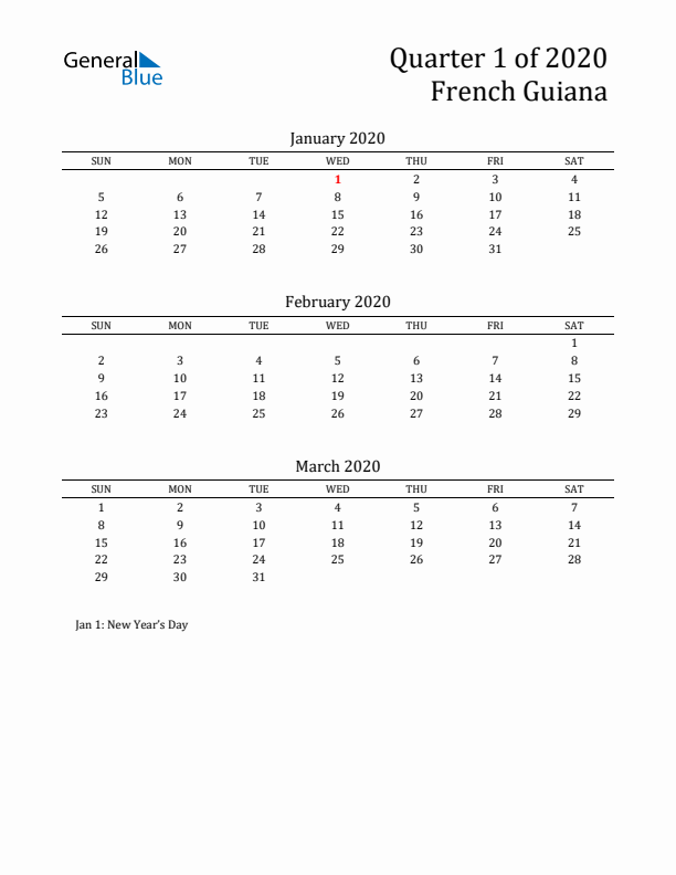 Quarter 1 2020 French Guiana Quarterly Calendar