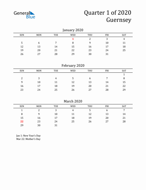 Quarter 1 2020 Guernsey Quarterly Calendar