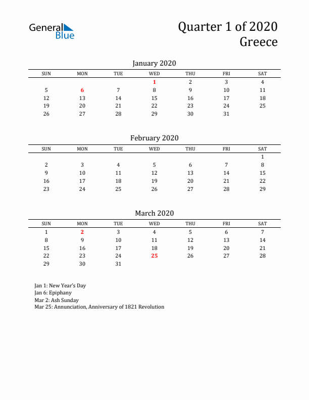 Quarter 1 2020 Greece Quarterly Calendar