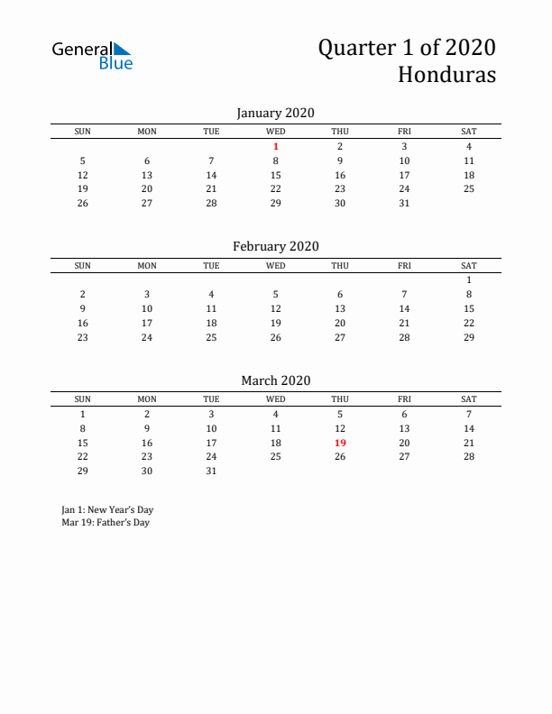 Quarter 1 2020 Honduras Quarterly Calendar