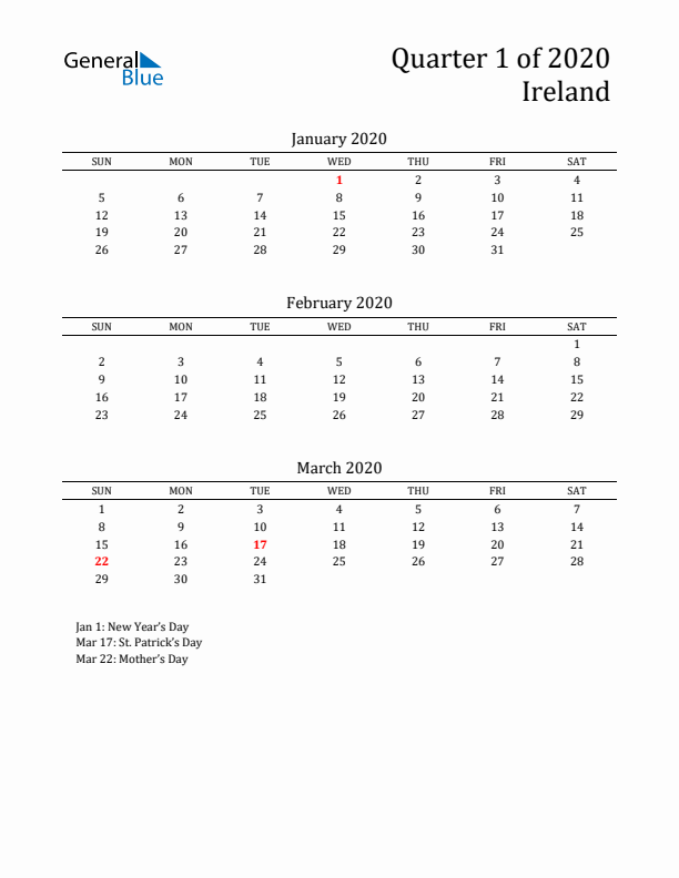 Quarter 1 2020 Ireland Quarterly Calendar