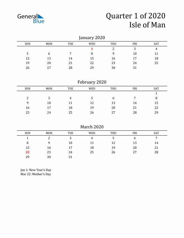 Quarter 1 2020 Isle of Man Quarterly Calendar