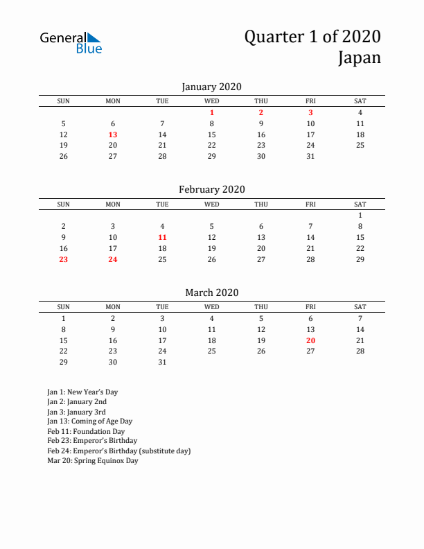 Quarter 1 2020 Japan Quarterly Calendar