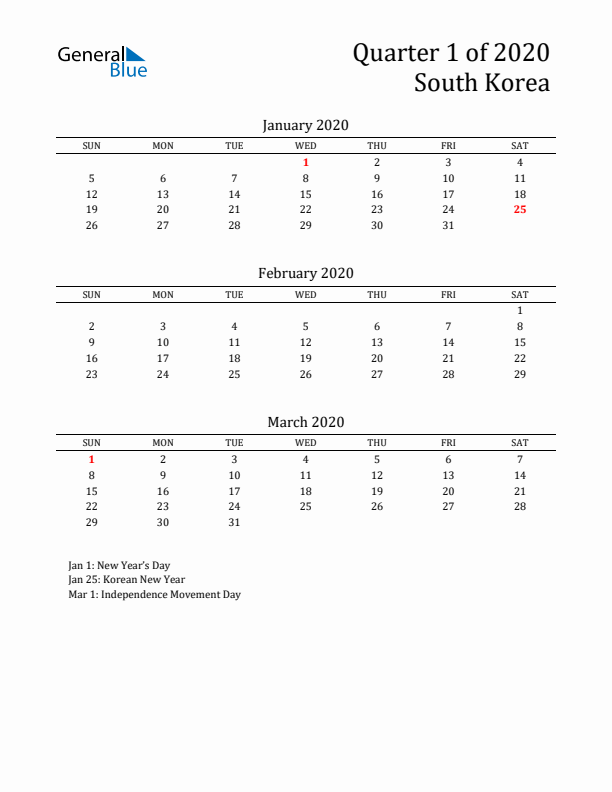 Quarter 1 2020 South Korea Quarterly Calendar