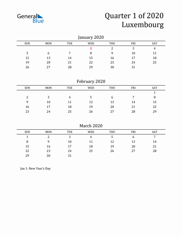 Quarter 1 2020 Luxembourg Quarterly Calendar