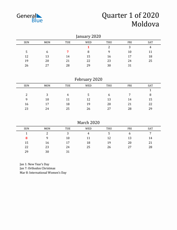 Quarter 1 2020 Moldova Quarterly Calendar