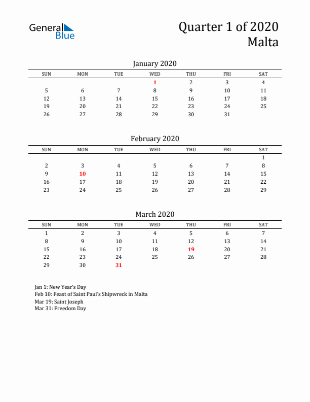 Quarter 1 2020 Malta Quarterly Calendar