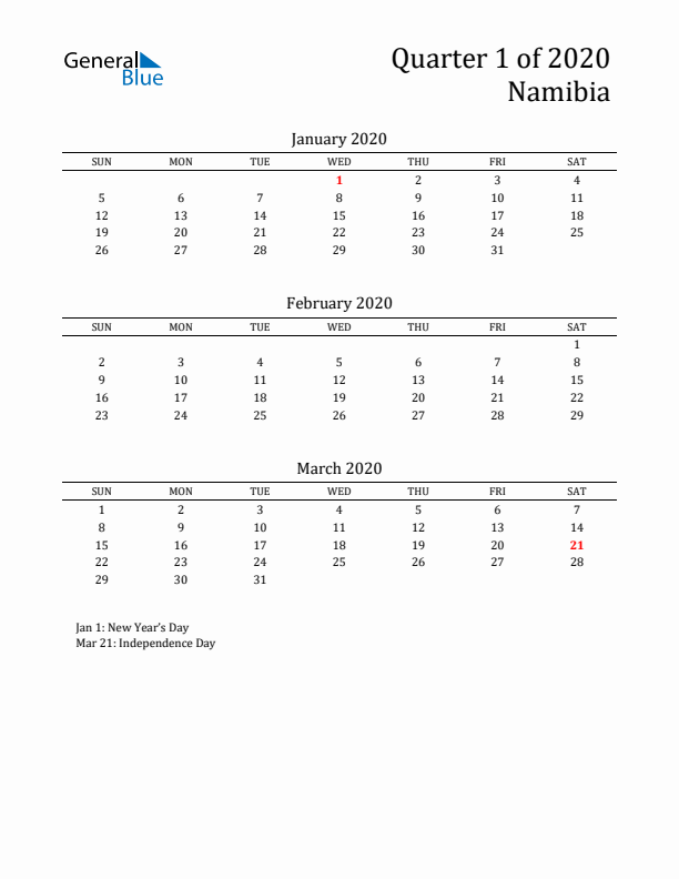 Quarter 1 2020 Namibia Quarterly Calendar