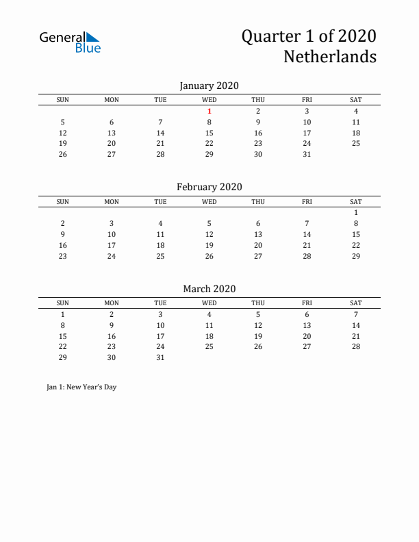 Quarter 1 2020 The Netherlands Quarterly Calendar