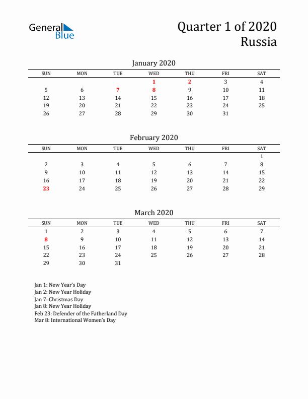 Quarter 1 2020 Russia Quarterly Calendar