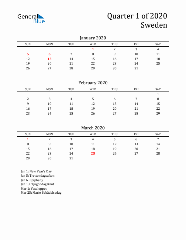 Quarter 1 2020 Sweden Quarterly Calendar