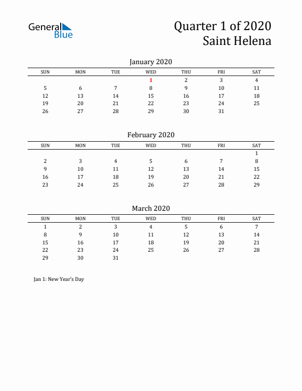 Quarter 1 2020 Saint Helena Quarterly Calendar