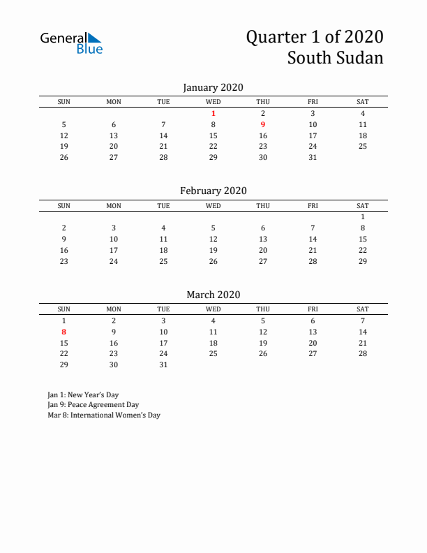 Quarter 1 2020 South Sudan Quarterly Calendar