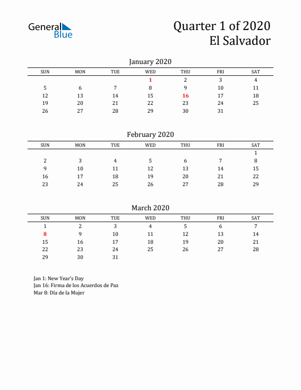 Quarter 1 2020 El Salvador Quarterly Calendar