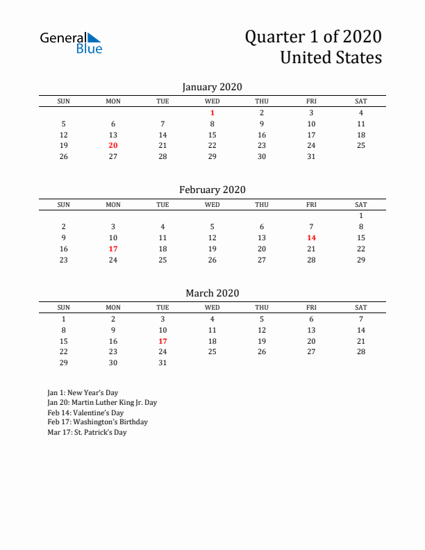 Quarter 1 2020 United States Quarterly Calendar