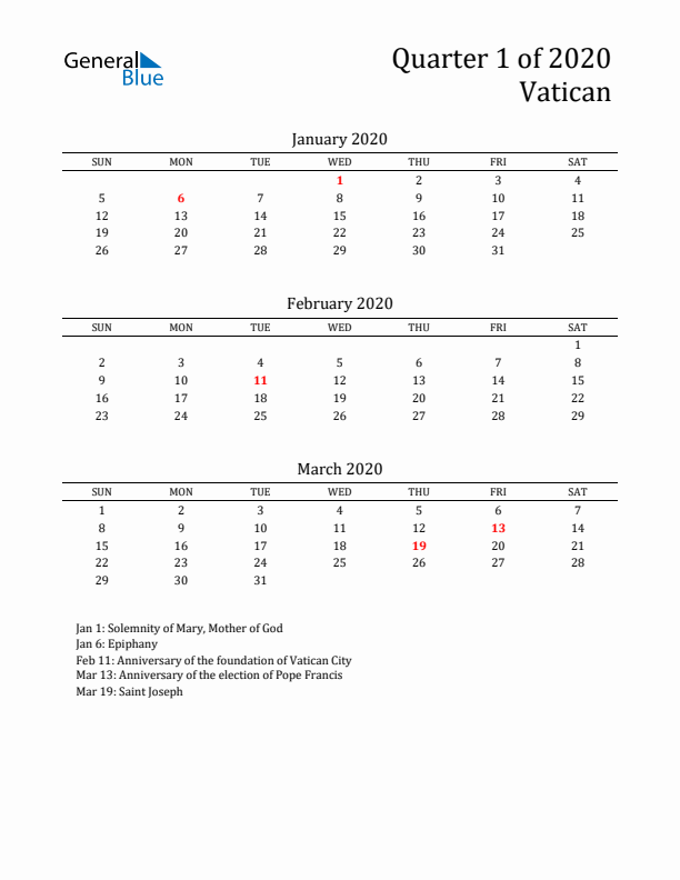 Quarter 1 2020 Vatican Quarterly Calendar