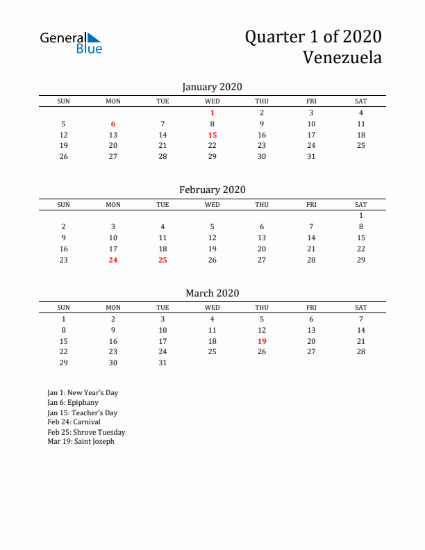 Quarter 1 2020 Venezuela Quarterly Calendar