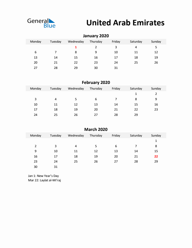 Printable Quarterly Calendar with Notes and United Arab Emirates Holidays- Q1 of 2020