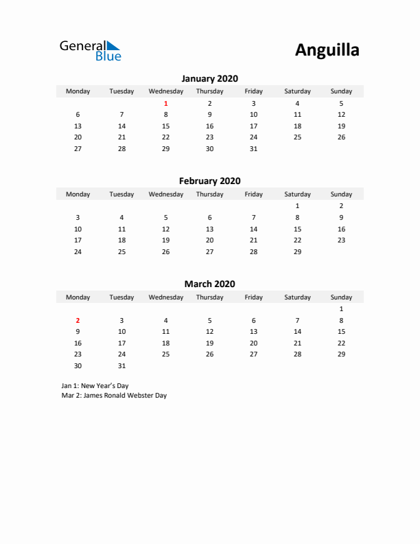 Printable Quarterly Calendar with Notes and Anguilla Holidays- Q1 of 2020