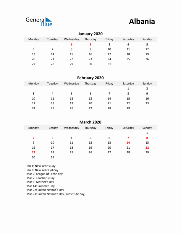 Printable Quarterly Calendar with Notes and Albania Holidays- Q1 of 2020