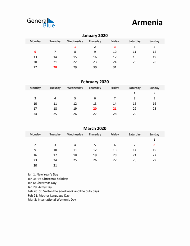 Printable Quarterly Calendar with Notes and Armenia Holidays- Q1 of 2020