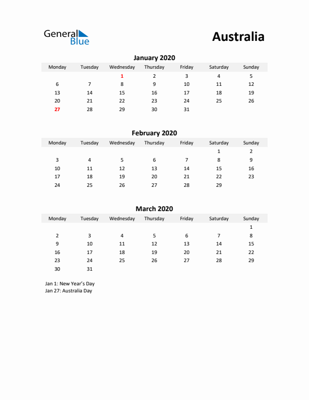 Printable Quarterly Calendar with Notes and Australia Holidays- Q1 of 2020