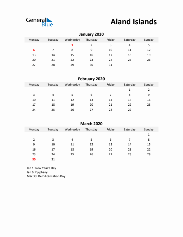 Printable Quarterly Calendar with Notes and Aland Islands Holidays- Q1 of 2020