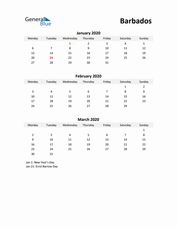 Printable Quarterly Calendar with Notes and Barbados Holidays- Q1 of 2020