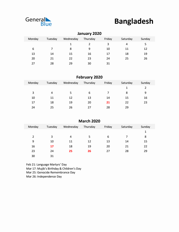 Printable Quarterly Calendar with Notes and Bangladesh Holidays- Q1 of 2020