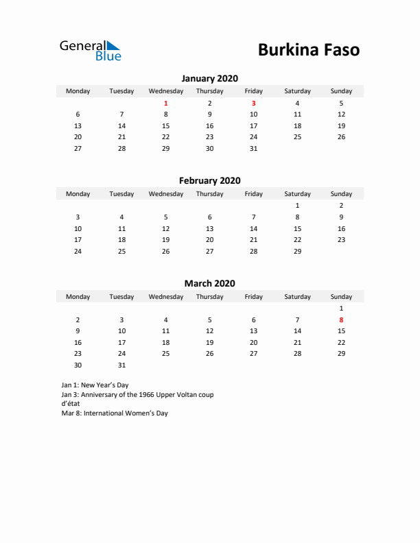 Printable Quarterly Calendar with Notes and Burkina Faso Holidays- Q1 of 2020