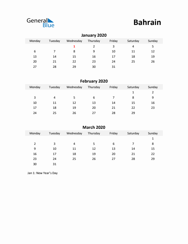 Printable Quarterly Calendar with Notes and Bahrain Holidays- Q1 of 2020