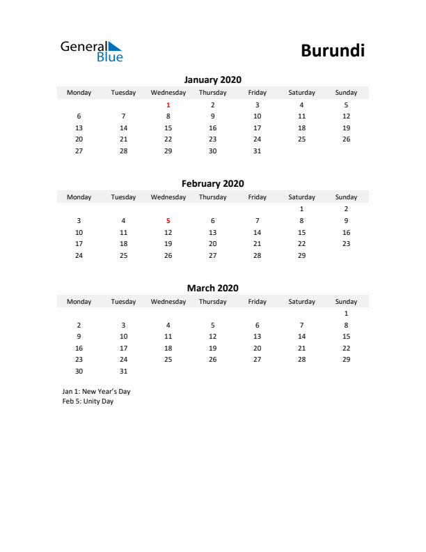 Printable Quarterly Calendar with Notes and Burundi Holidays- Q1 of 2020