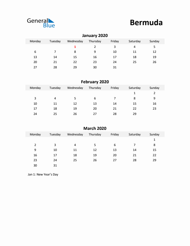 Printable Quarterly Calendar with Notes and Bermuda Holidays- Q1 of 2020