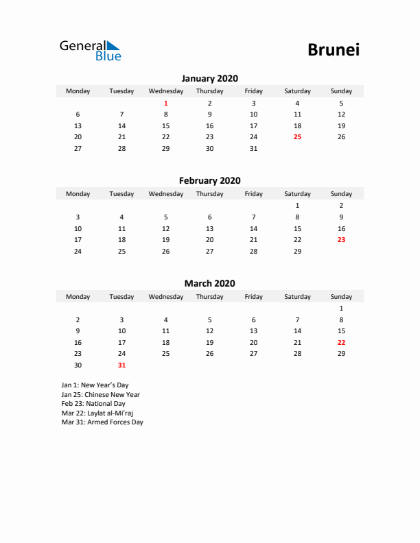 Printable Quarterly Calendar with Notes and Brunei Holidays- Q1 of 2020