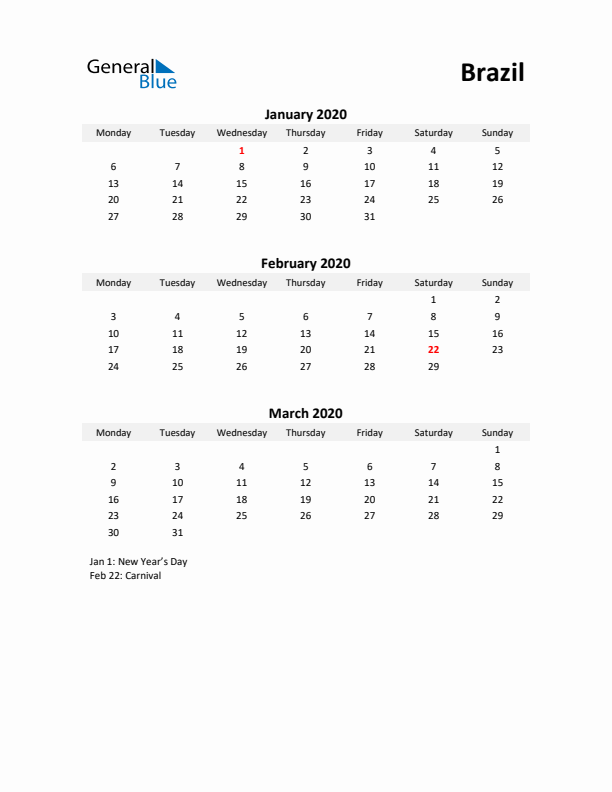 Printable Quarterly Calendar with Notes and Brazil Holidays- Q1 of 2020