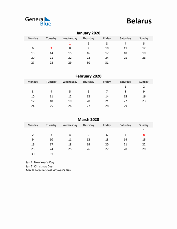 Printable Quarterly Calendar with Notes and Belarus Holidays- Q1 of 2020