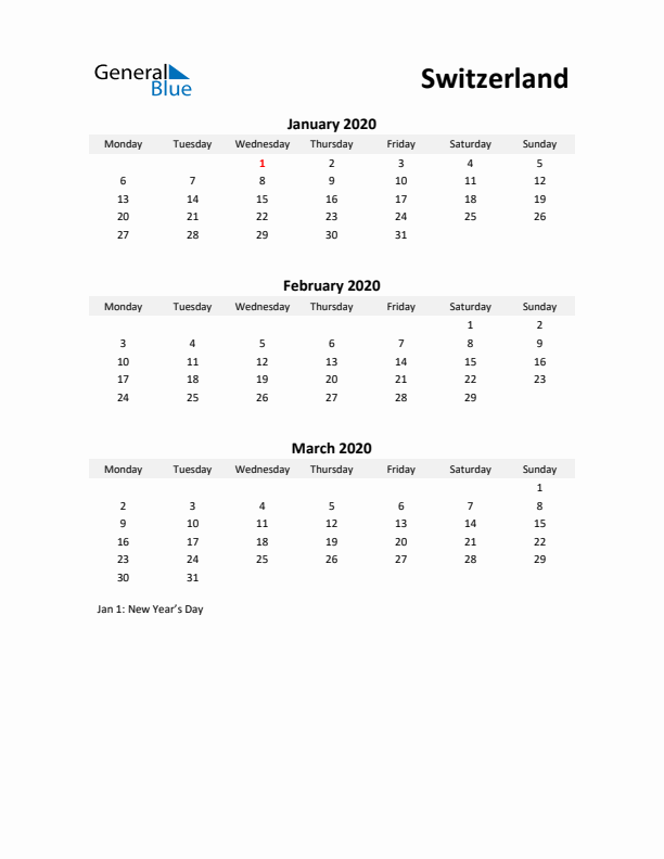 Printable Quarterly Calendar with Notes and Switzerland Holidays- Q1 of 2020