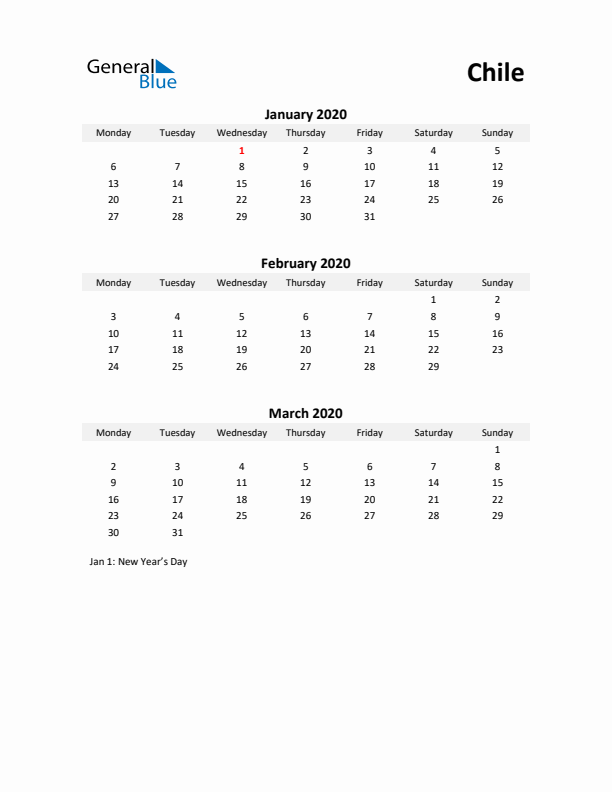 Printable Quarterly Calendar with Notes and Chile Holidays- Q1 of 2020