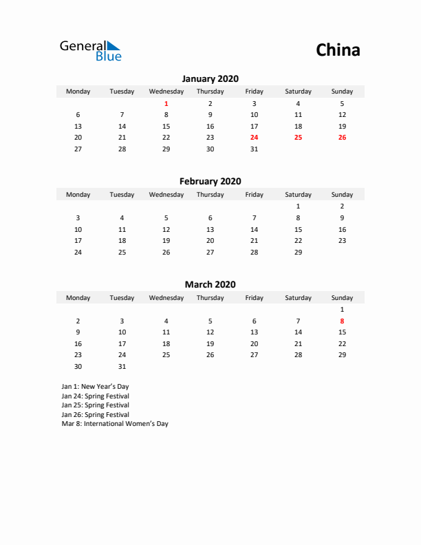 Printable Quarterly Calendar with Notes and China Holidays- Q1 of 2020