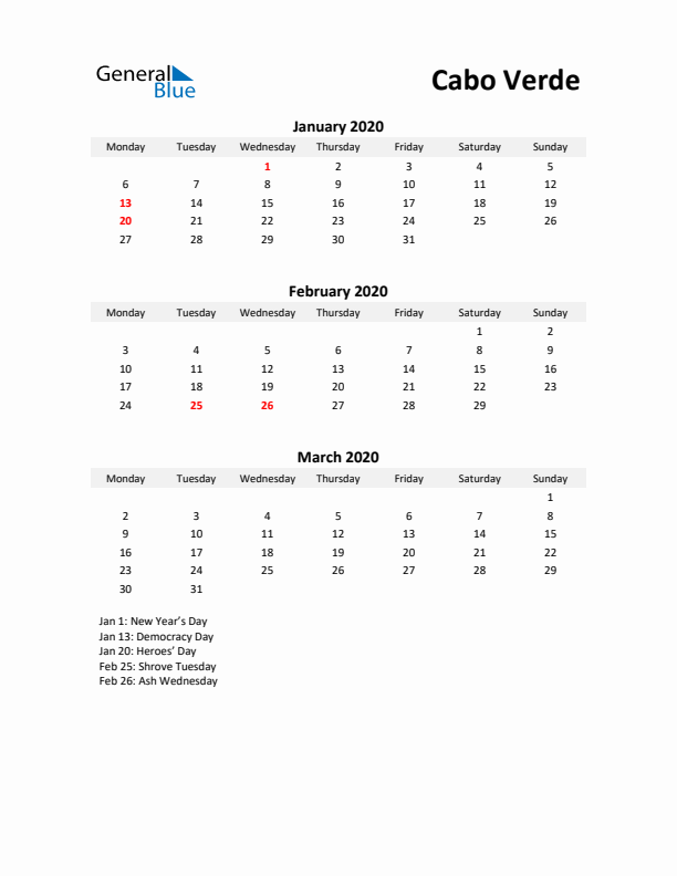 Printable Quarterly Calendar with Notes and Cabo Verde Holidays- Q1 of 2020