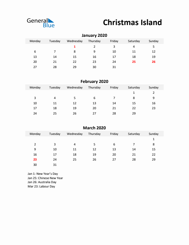 Printable Quarterly Calendar with Notes and Christmas Island Holidays- Q1 of 2020