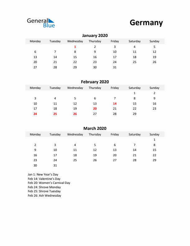 Printable Quarterly Calendar with Notes and Germany Holidays- Q1 of 2020