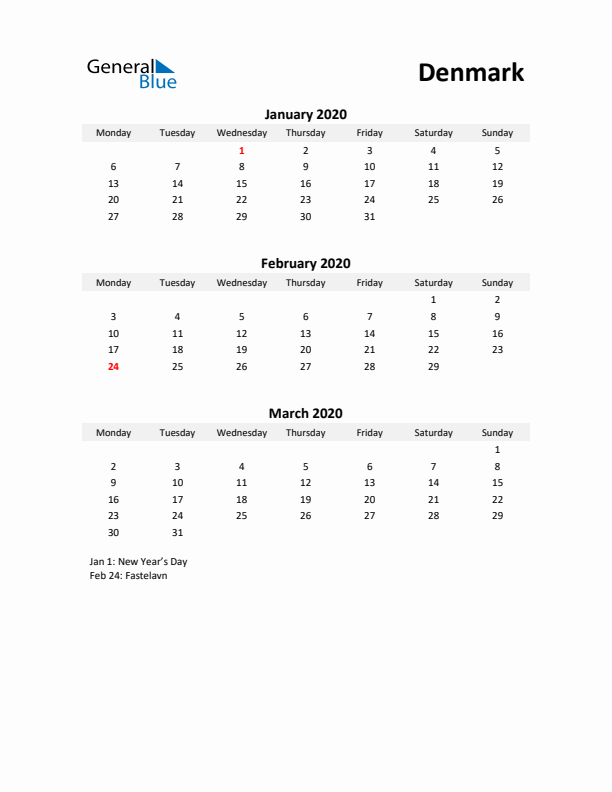 Printable Quarterly Calendar with Notes and Denmark Holidays- Q1 of 2020